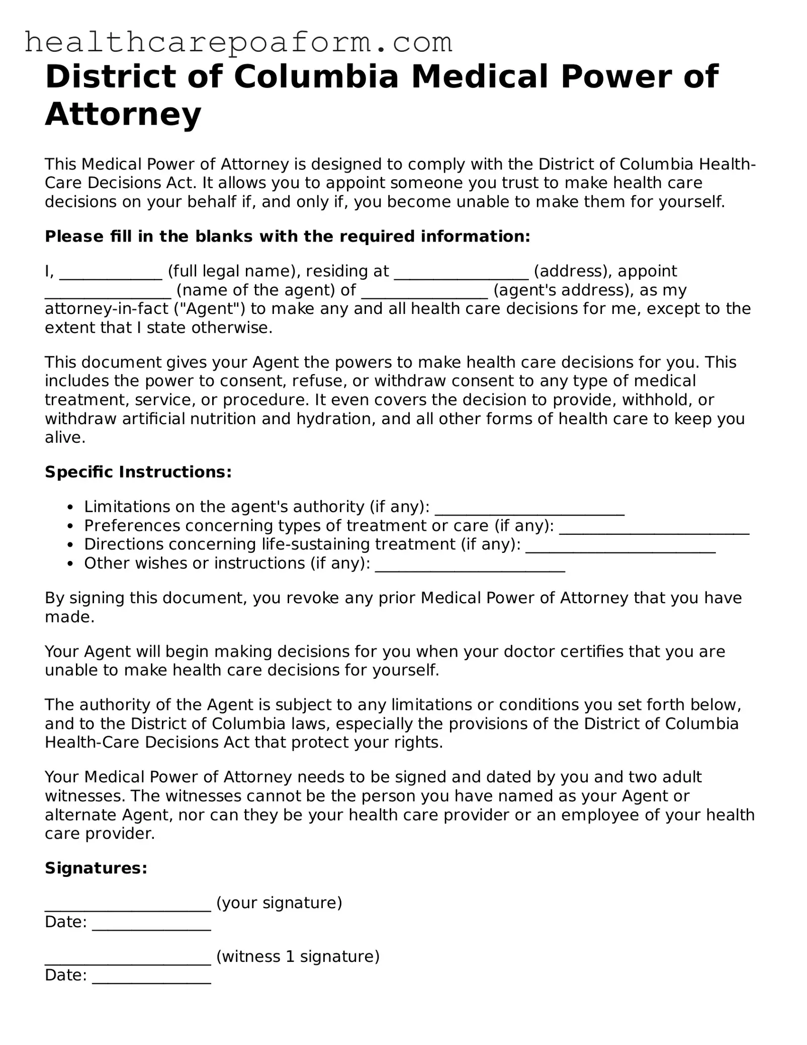 Attorney-Verified District of Columbia Medical Power of Attorney Form