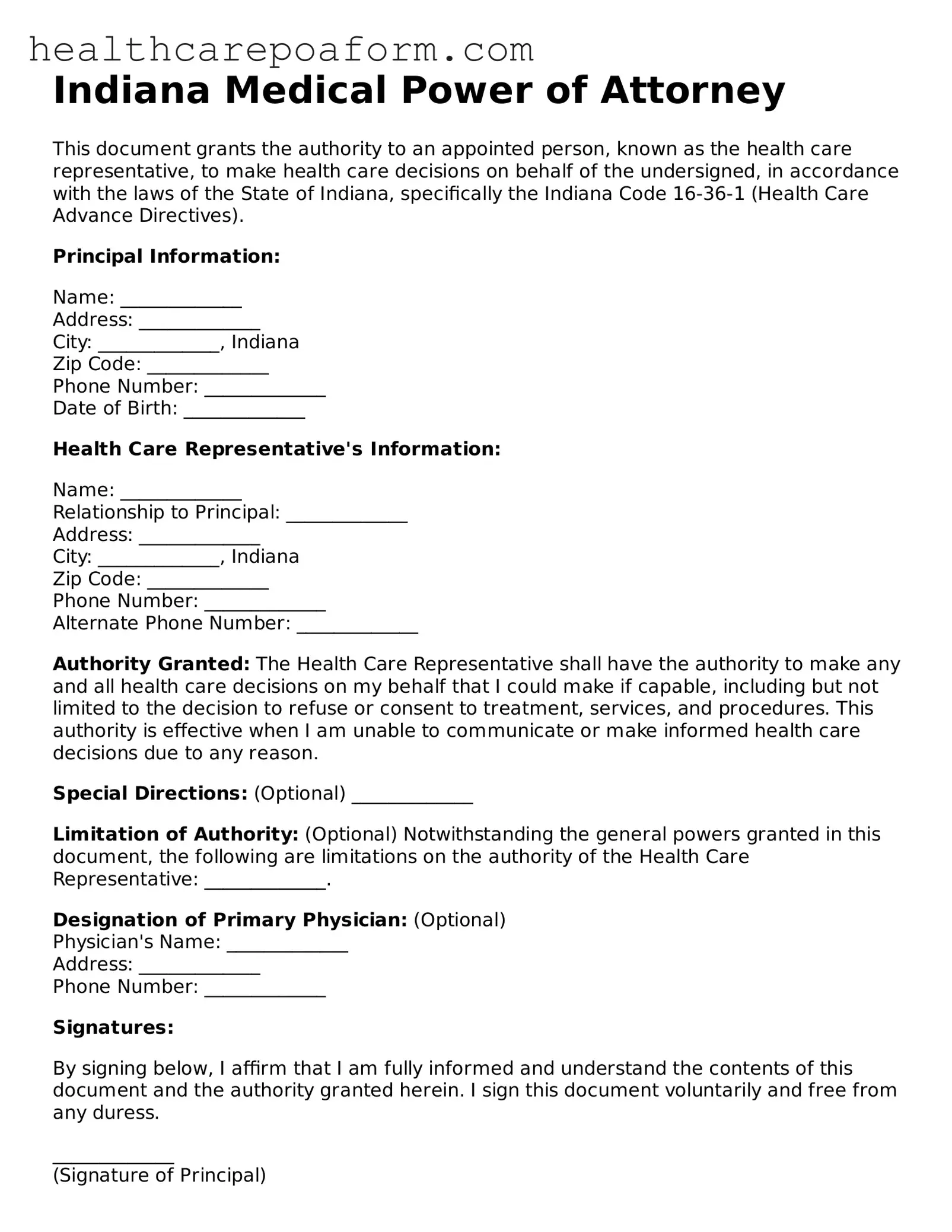 Attorney-Verified Indiana Medical Power of Attorney Form