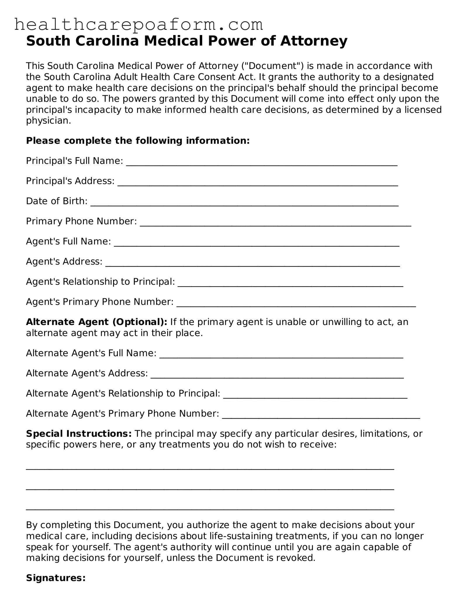 Attorney-Verified South Carolina Medical Power of Attorney Form
